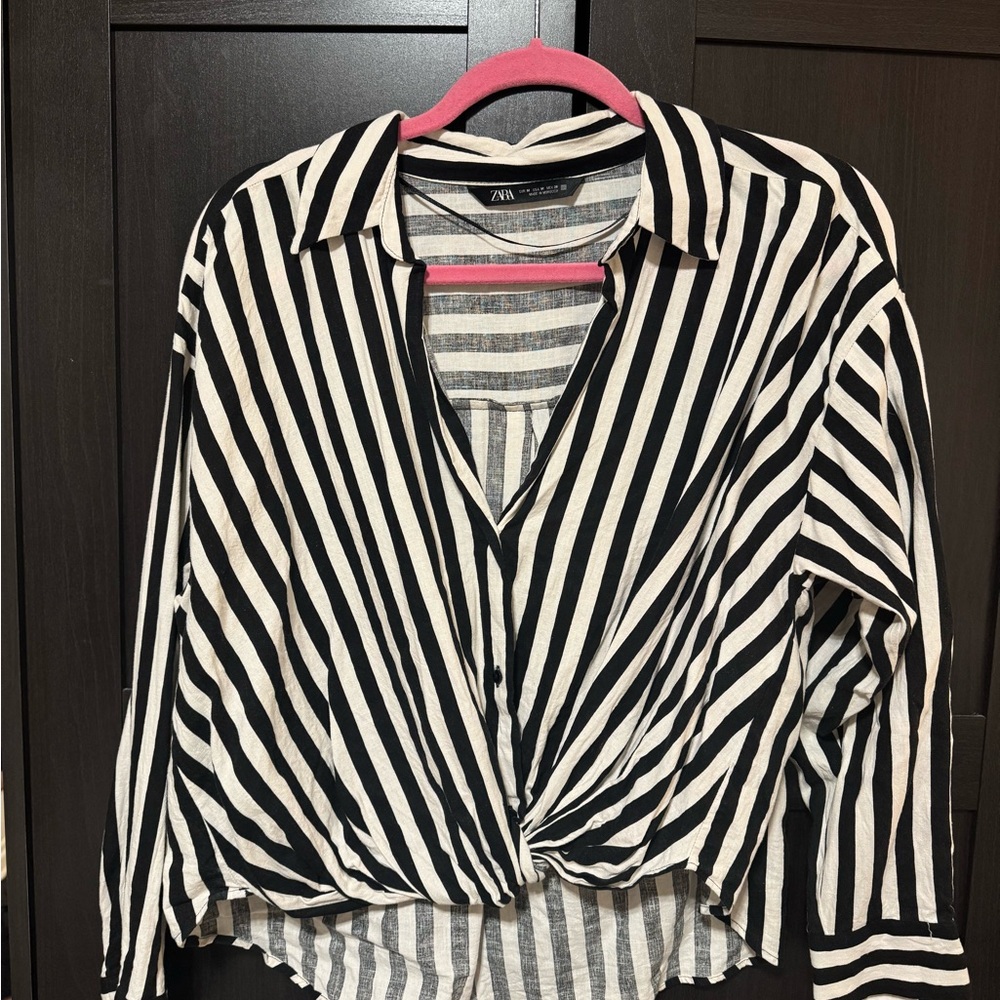 Zara high low Striped Button Down tie Shirt